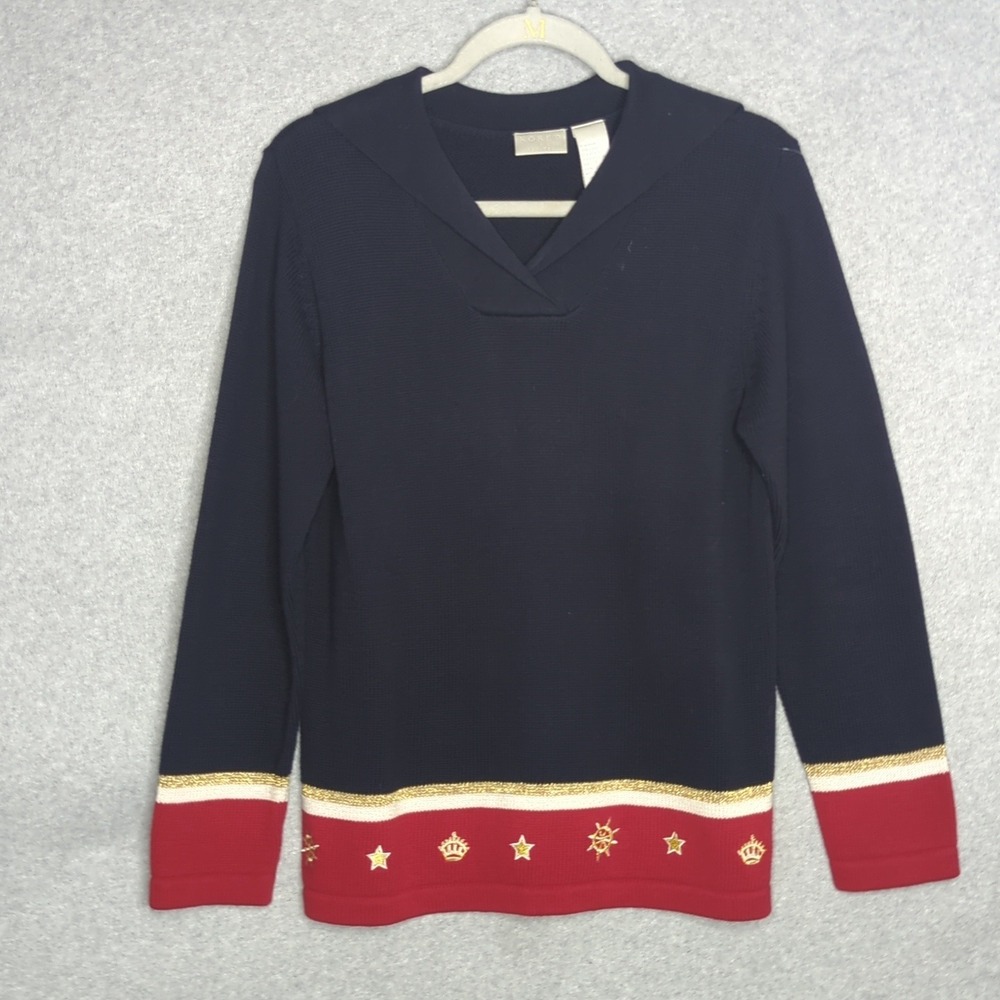 Vintage Koret Petites Navy‎ Blue Nautical Crown Star Knit Sweater S Novelty